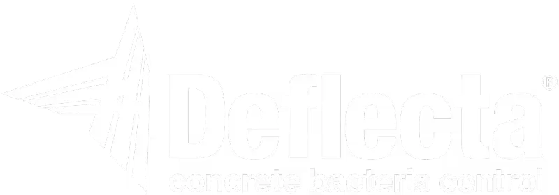 Deflecta logo with stylized abstract triangular design and text 'Deflecta concrete bacteria control'.