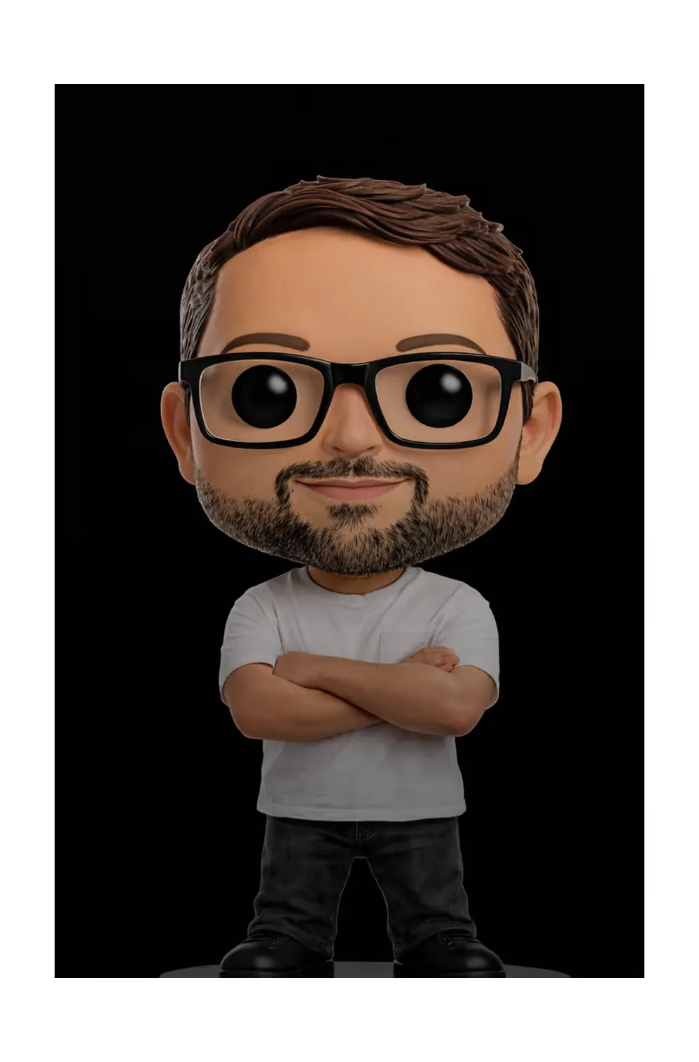 Figurine of Ryan: glasses, beard, white t-shirt, arms crossed.