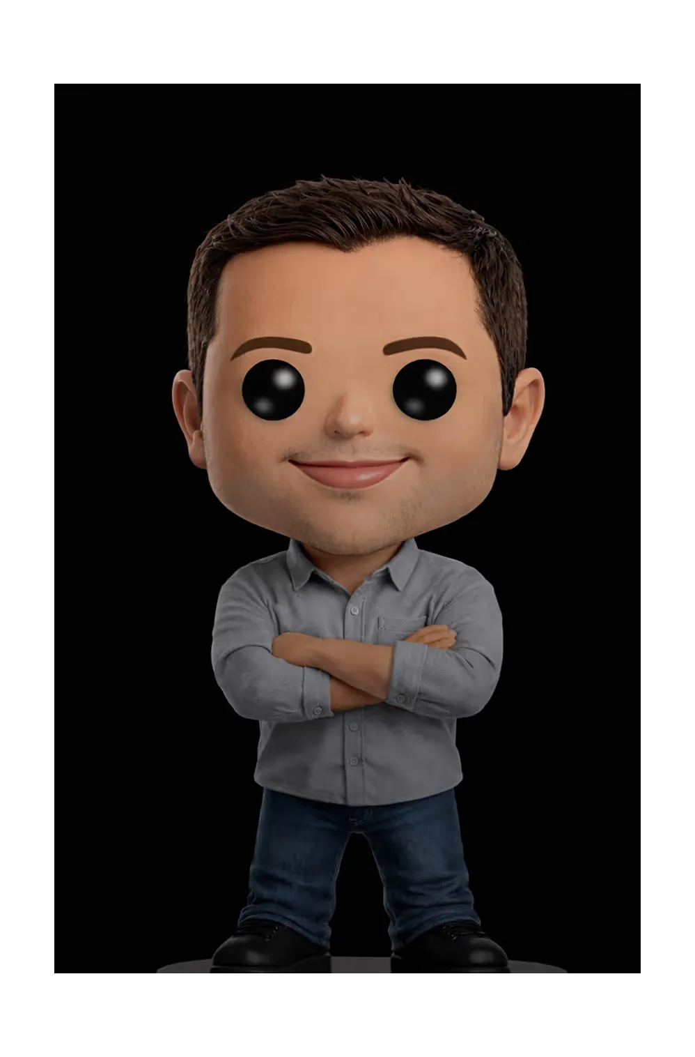 Figurine of Marc: short brown hair, grey shirt and jeans, arms crossed.
