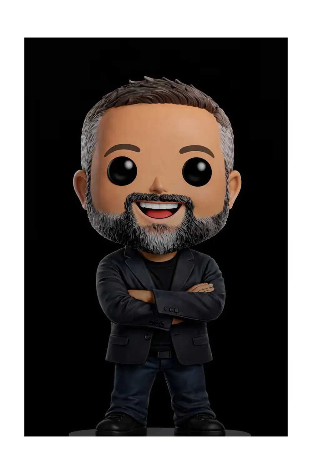 Figurine of Bill: grey hair and beard, black blazer, arms crossed.