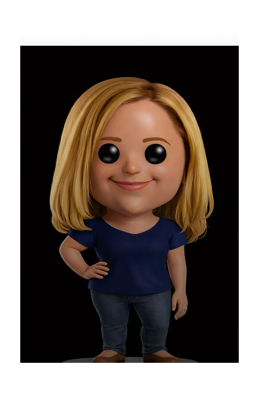 Figurine of Samara: blonde hair, navy shirt, hand on hip.