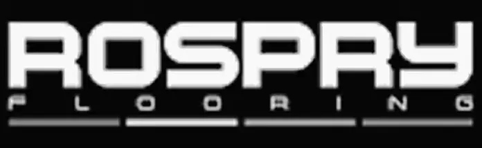 Rospry Flooring logo with bold white uppercase letters on black background.